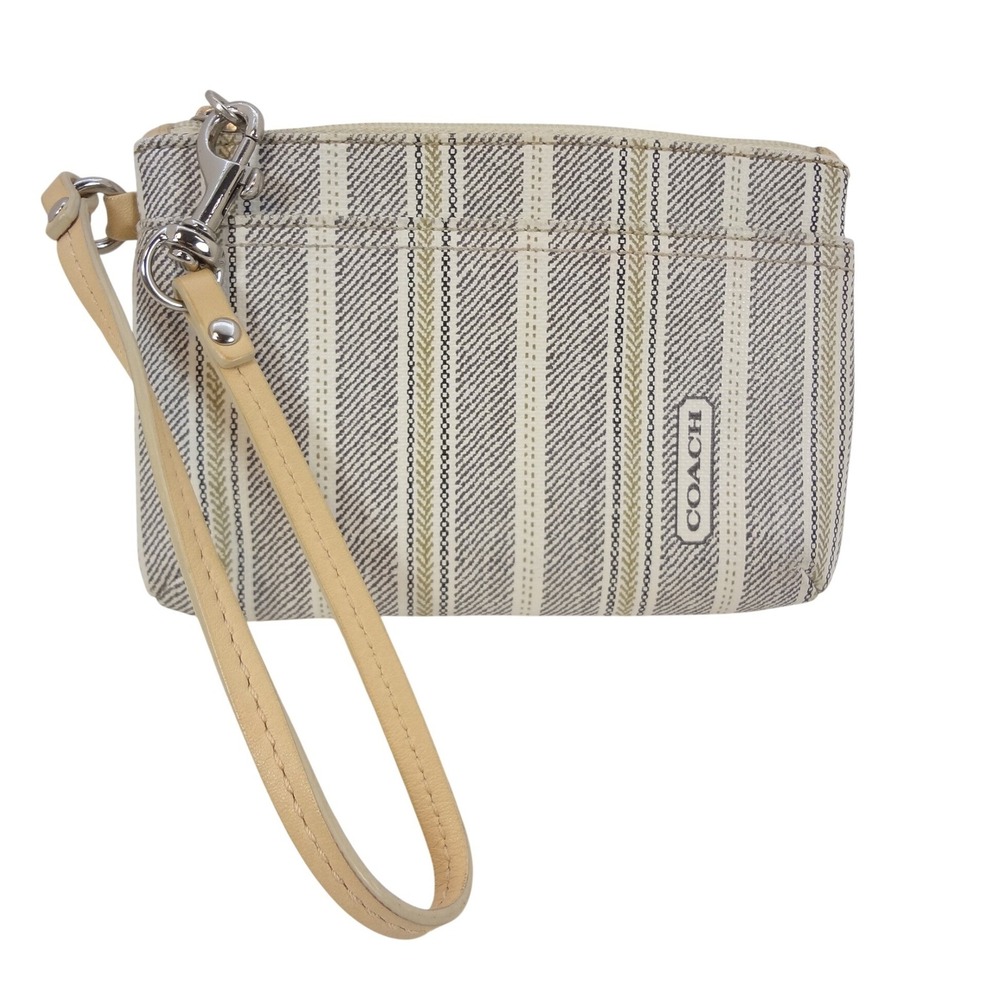 Coach Legacy Weekend Ticking Stripe Canvas Wristlet Small Beige Striped